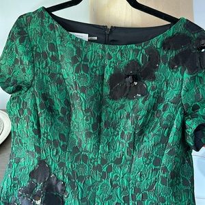 Rickie Freeman for Teri Jon Green and black metallic floral jacquard dress